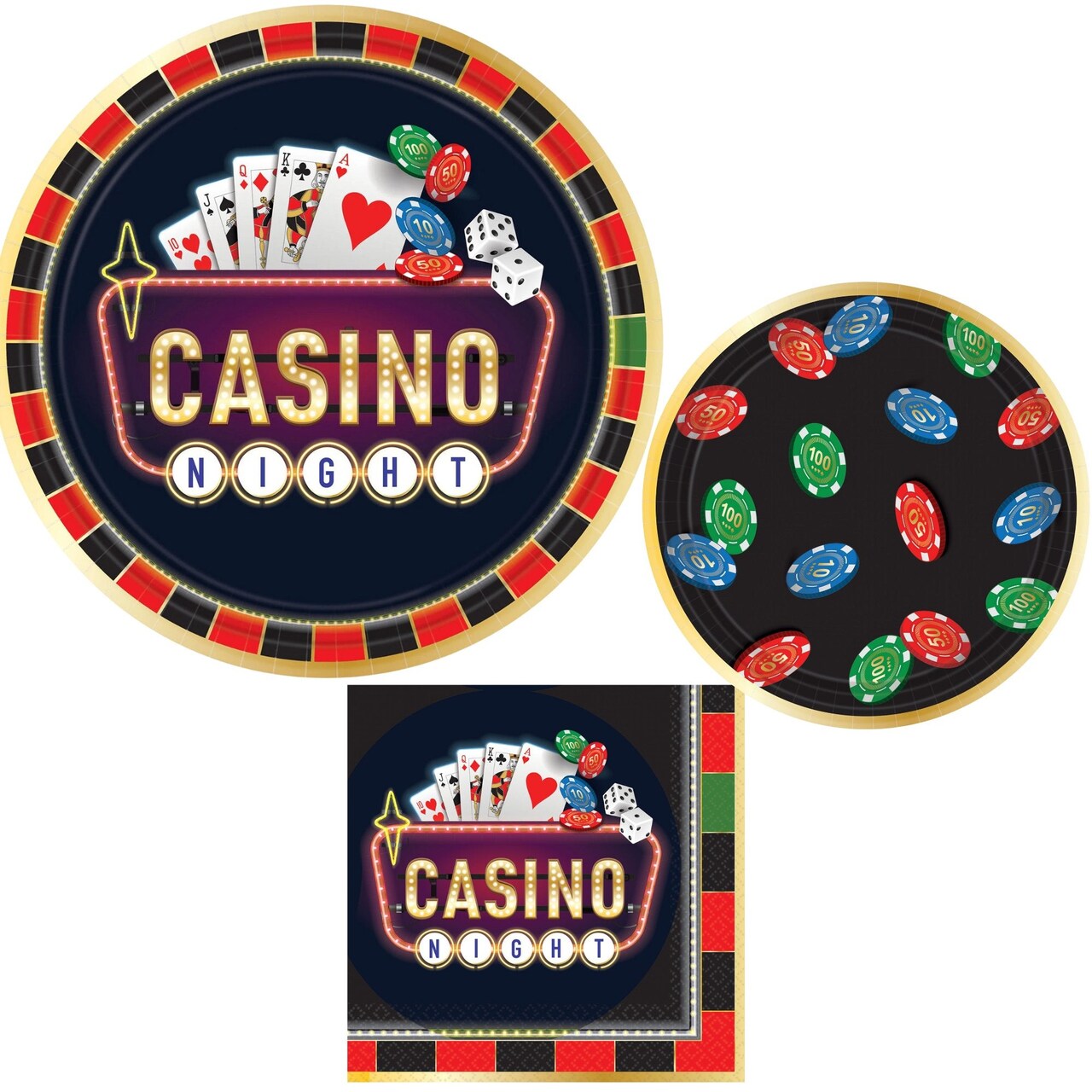 Casino Night Party Supplies Bundle, 10.5" Paper Dinner Plates, 7" Paper Appetizer Plates, and Luncheon Napkins, Serves 8
